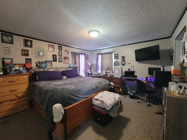 bedroom with crown molding, carpet flooring, and a textured ceiling