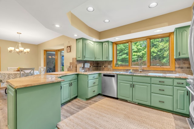 kitchen featuring kitchen peninsula, dishwasher, green cabinets, and sink