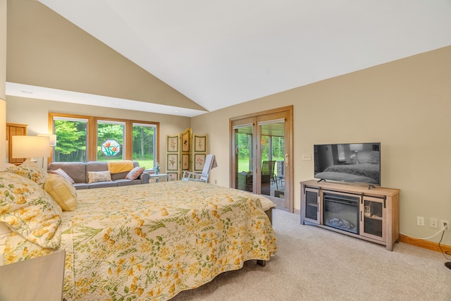 bedroom featuring high vaulted ceiling, carpet floors, access to outside, and multiple windows