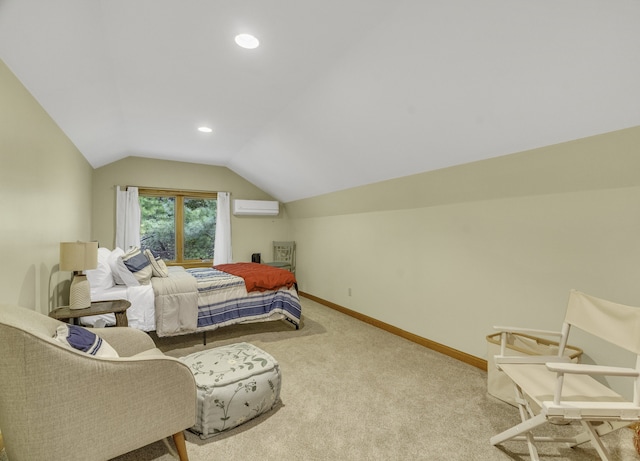 carpeted bedroom with lofted ceiling and an AC wall unit