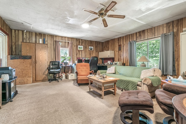 living room with a wealth of natural light and wood walls