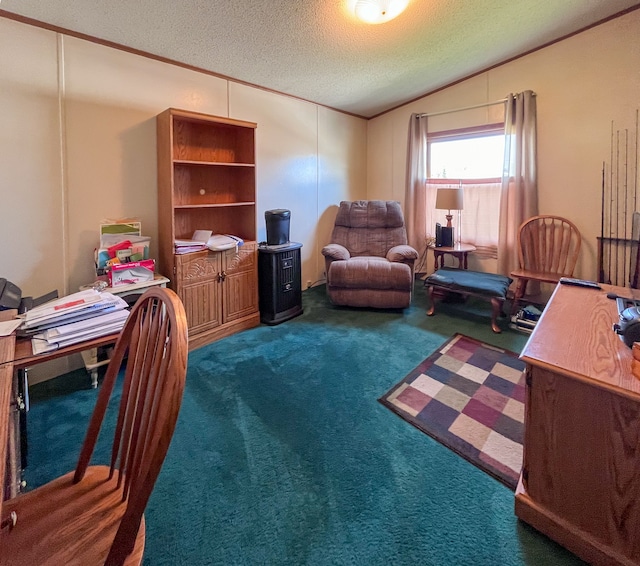 office featuring a textured ceiling, dark carpet, and lofted ceiling