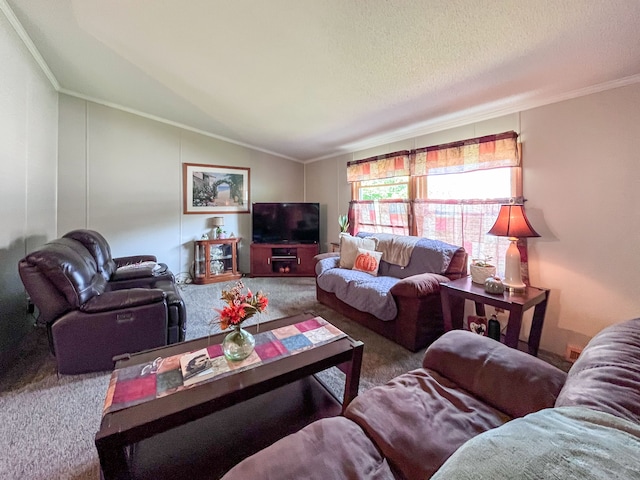 carpeted living room with a textured ceiling, crown molding, and vaulted ceiling