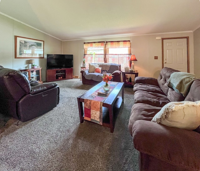 carpeted living room with ornamental molding