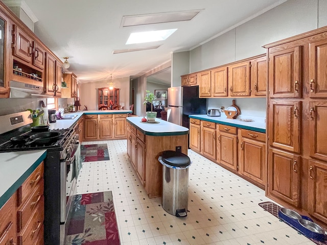 kitchen with crown molding, a skylight, appliances with stainless steel finishes, a kitchen island, and kitchen peninsula