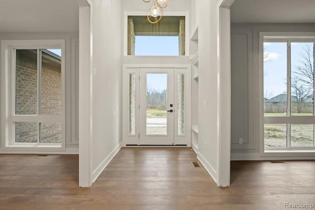 foyer with a wealth of natural light and dark hardwood / wood-style floors