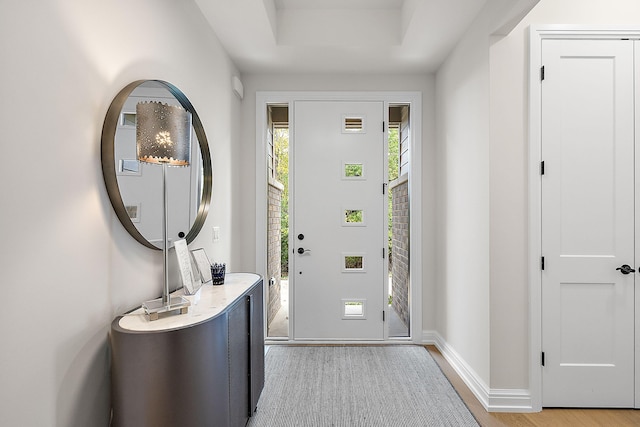 foyer entrance with hardwood / wood-style floors