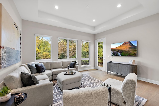 living room with a tray ceiling and light wood-type flooring