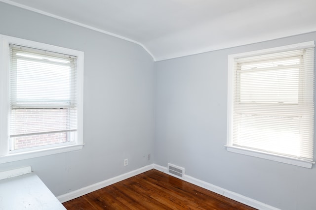 spare room featuring lofted ceiling and dark wood-type flooring