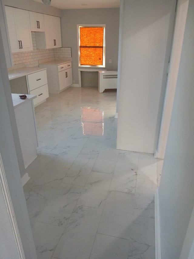 bathroom featuring radiator and tasteful backsplash