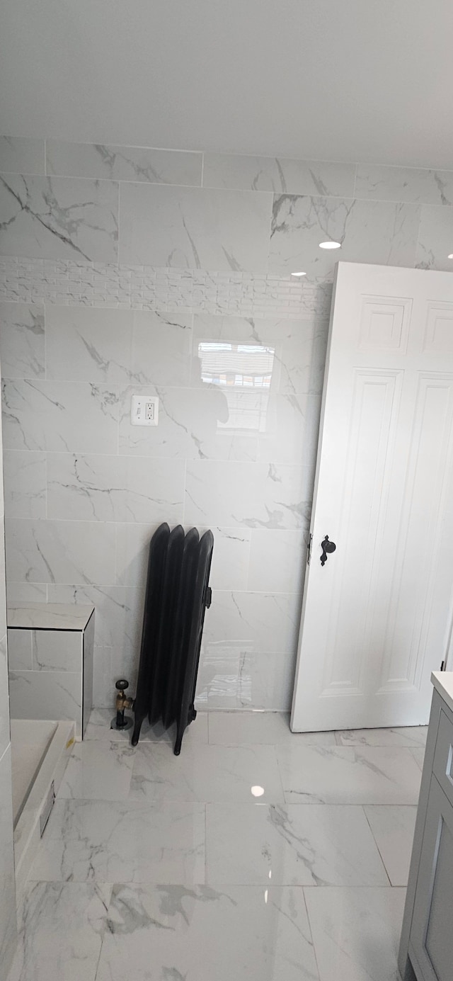 bathroom with vanity and walk in shower