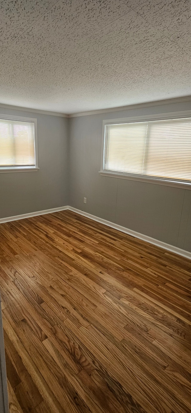 unfurnished room with plenty of natural light, wood-type flooring, and a textured ceiling