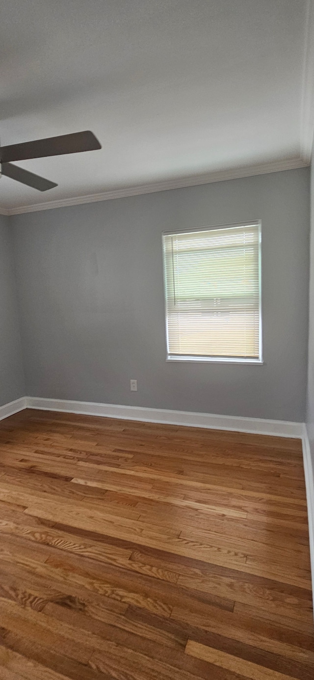 unfurnished room featuring hardwood / wood-style floors, ceiling fan, and ornamental molding