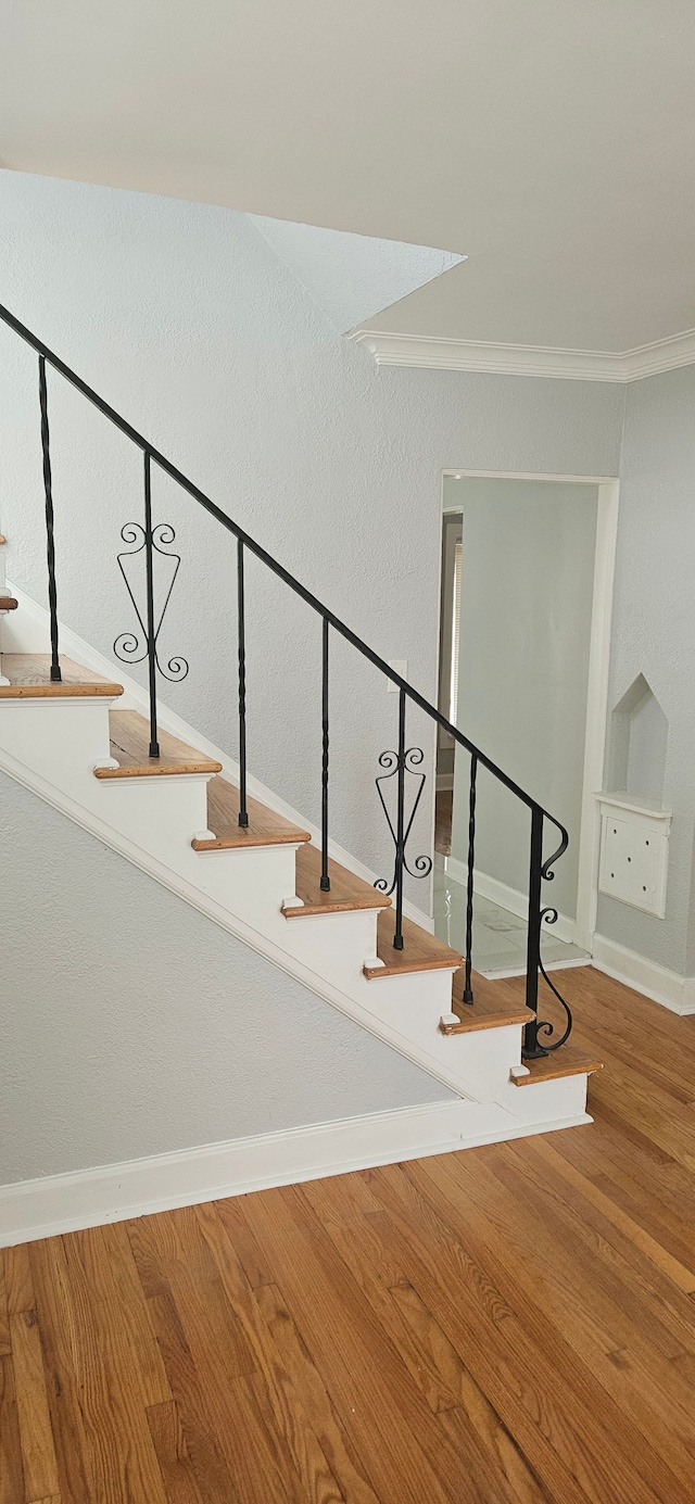 staircase featuring crown molding and hardwood / wood-style flooring