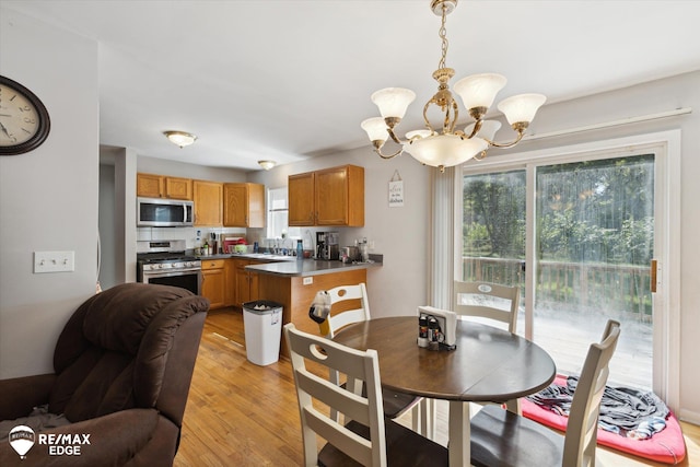 dining space featuring a notable chandelier, a healthy amount of sunlight, light hardwood / wood-style floors, and sink