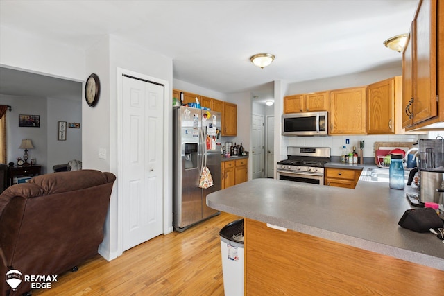 kitchen featuring backsplash, light wood-type flooring, kitchen peninsula, and stainless steel appliances