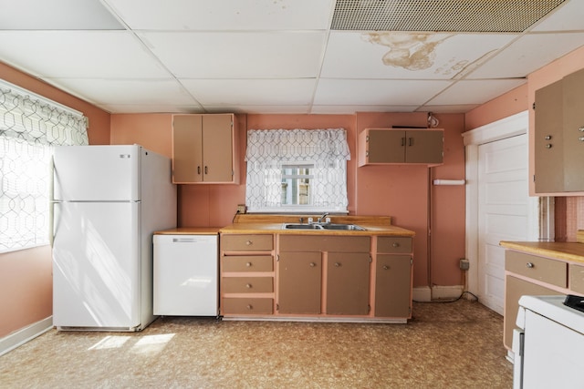 kitchen with white appliances, light colored carpet, a paneled ceiling, and sink