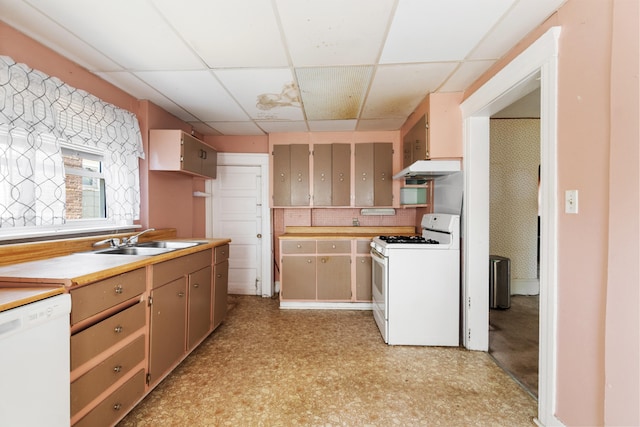 kitchen featuring a paneled ceiling, white appliances, and sink