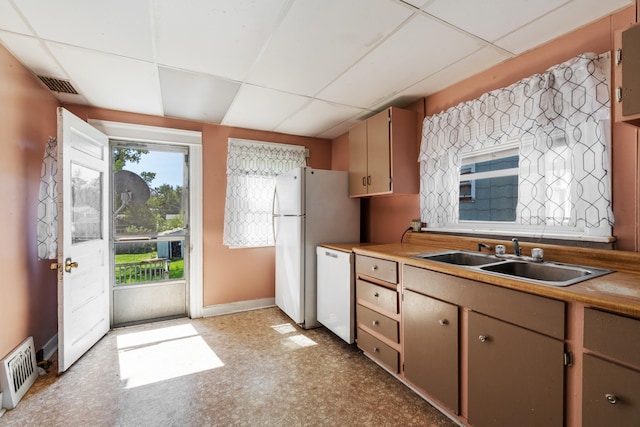 kitchen with sink, white dishwasher, and a drop ceiling