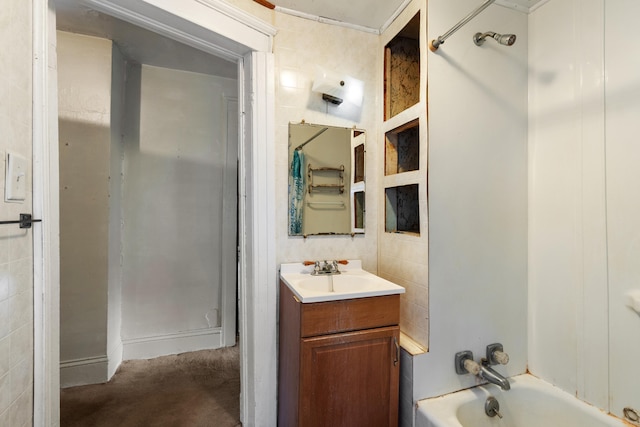 bathroom with shower / tub combination, vanity, concrete floors, and tile walls