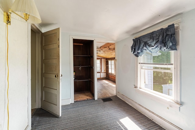 spare room featuring dark hardwood / wood-style flooring and lofted ceiling