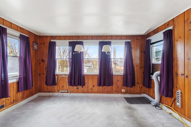 unfurnished room featuring wood walls, light carpet, and a wealth of natural light