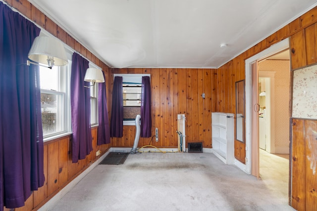 carpeted empty room with wood walls