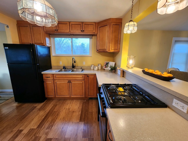 kitchen featuring wood-type flooring, decorative light fixtures, sink, and black appliances