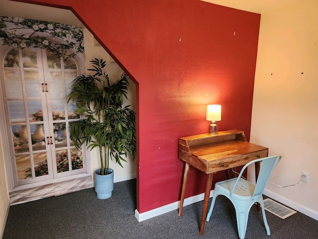 office area with carpet floors and french doors