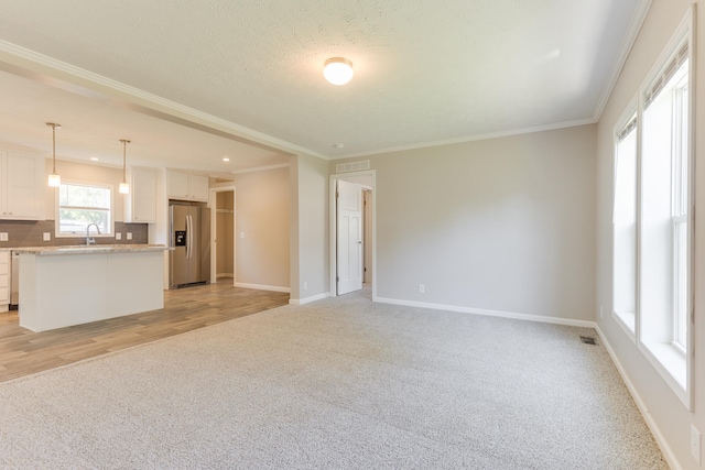 unfurnished living room with a textured ceiling, light hardwood / wood-style flooring, and crown molding