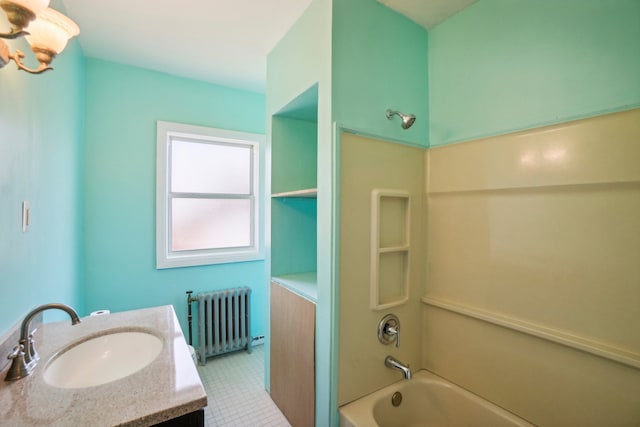 bathroom featuring shower / bathing tub combination, radiator heating unit, vanity, and tile patterned flooring