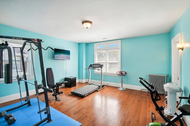 workout room featuring wood-type flooring and radiator