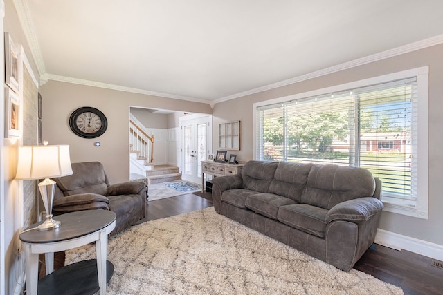 living room with french doors, dark wood-type flooring, and ornamental molding