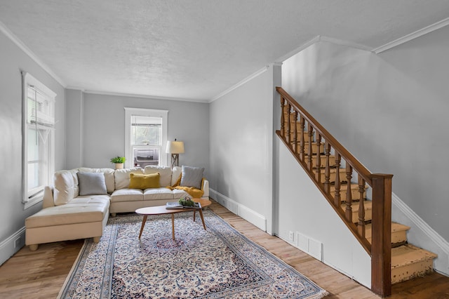 living room featuring a wealth of natural light, hardwood / wood-style floors, a textured ceiling, and ornamental molding