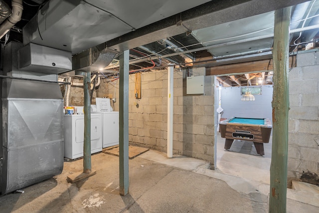 basement with washer and dryer and pool table