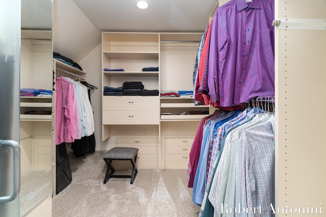 spacious closet featuring light colored carpet