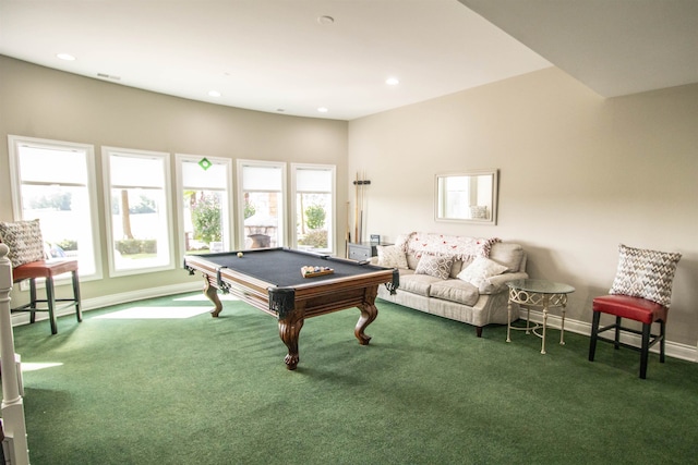 recreation room featuring dark colored carpet and pool table