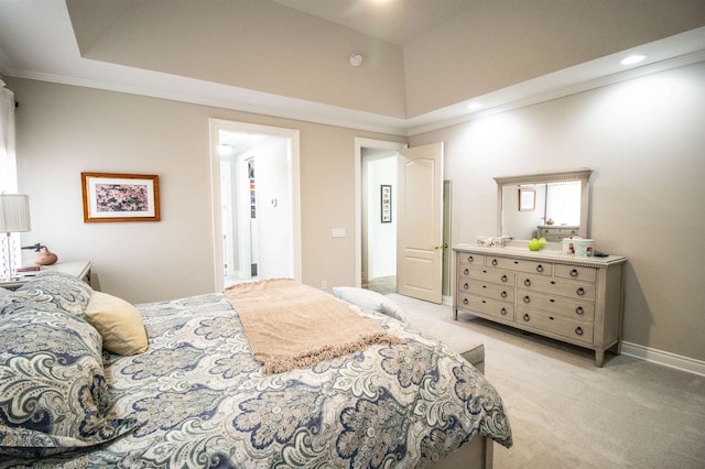 bedroom featuring light colored carpet and crown molding