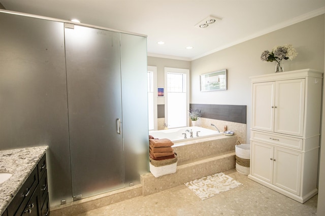 bathroom featuring shower with separate bathtub, vanity, and crown molding