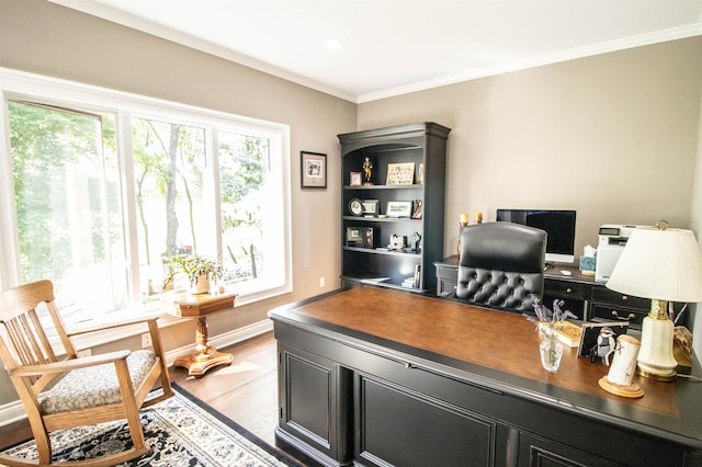 home office featuring crown molding and light wood-type flooring