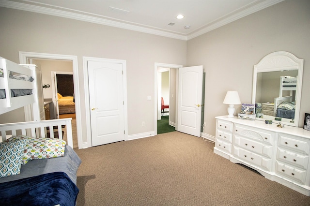 bedroom featuring light carpet and crown molding