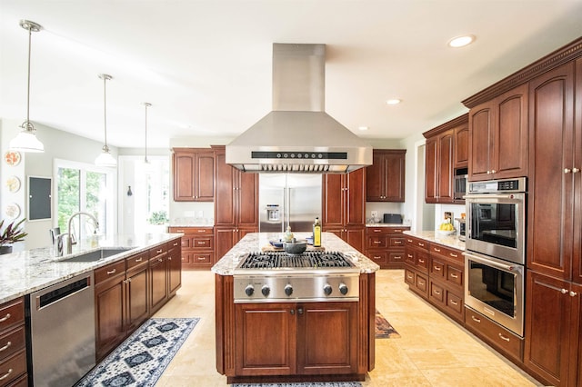 kitchen featuring sink, pendant lighting, island range hood, a center island with sink, and appliances with stainless steel finishes