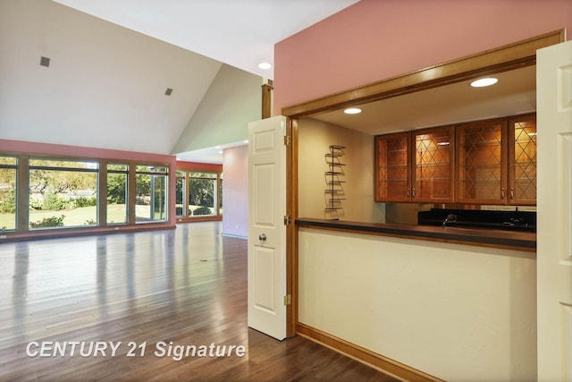 kitchen featuring dark hardwood / wood-style flooring and high vaulted ceiling