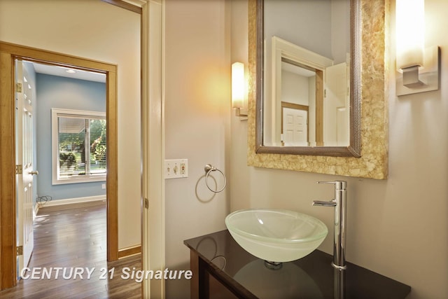 bathroom with hardwood / wood-style flooring and vanity