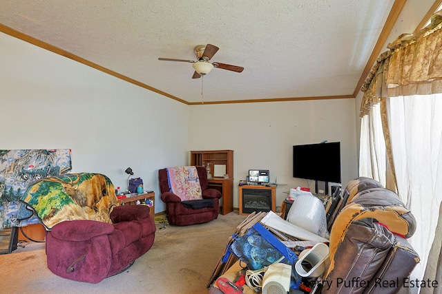 carpeted living room featuring a textured ceiling, ceiling fan, vaulted ceiling, and ornamental molding