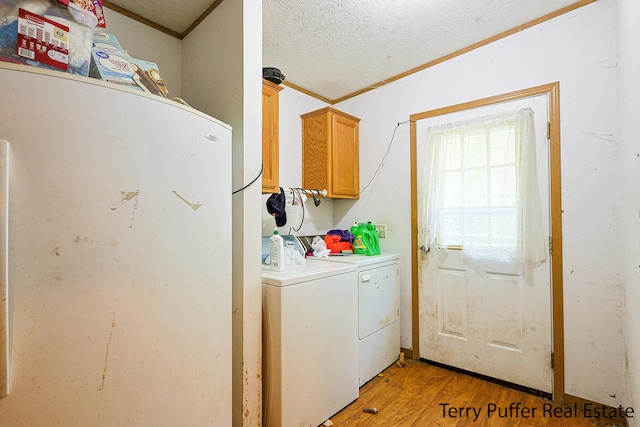 clothes washing area featuring cabinets, light hardwood / wood-style flooring, a textured ceiling, washer and dryer, and ornamental molding