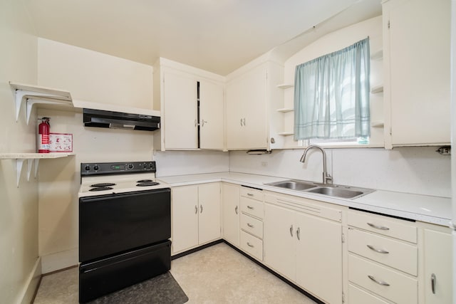 kitchen with white cabinets, white electric range, ventilation hood, and sink