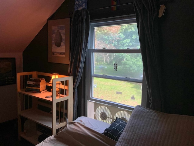 bedroom featuring vaulted ceiling