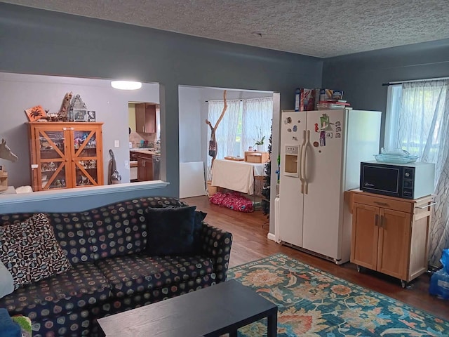 living room with hardwood / wood-style floors and a textured ceiling