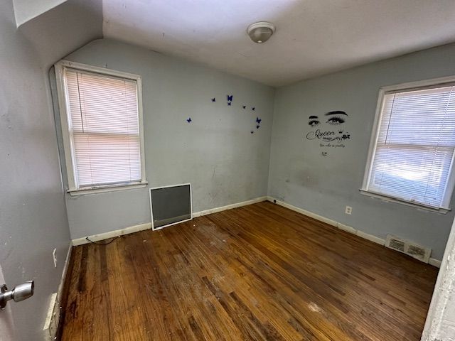 empty room featuring vaulted ceiling, a wealth of natural light, and dark hardwood / wood-style floors